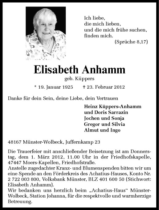  Traueranzeige für Elisabeth Anhamm vom 28.02.2012 aus Westfälische Nachrichten