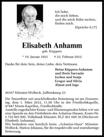Anzeige von Elisabeth Anhamm von Westfälische Nachrichten