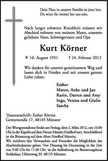 Anzeige von Kurt Körner von Westfälische Nachrichten