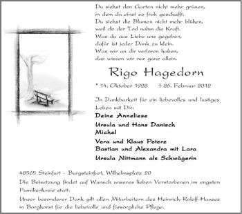 Anzeige von Rigo Hagedorn von Westfälische Nachrichten