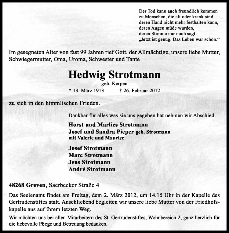  Traueranzeige für Hedwig Strotmann vom 29.02.2012 aus Westfälische Nachrichten