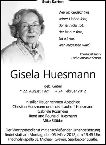 Anzeige von Gisela Huesmann von Westfälische Nachrichten