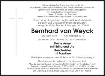 Anzeige von Bernhard van Weyck von Westfälische Nachrichten