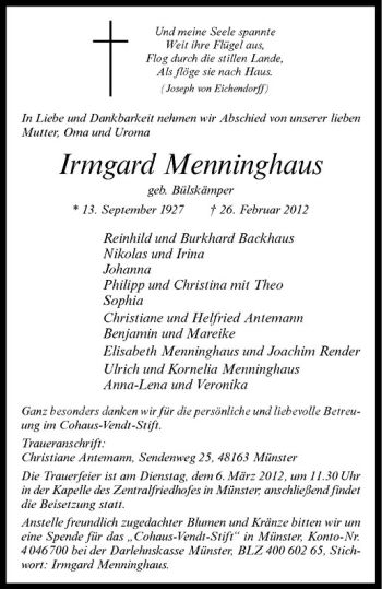 Anzeige von Irmgard Menninghaus von Westfälische Nachrichten