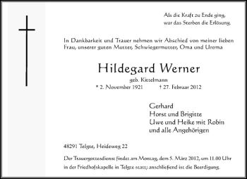 Anzeige von Hildegard Werner von Westfälische Nachrichten