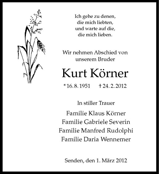  Traueranzeige für Kurt Körner vom 01.03.2012 aus Westfälische Nachrichten