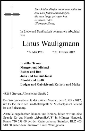 Anzeige von Linus Wauligmann von Westfälische Nachrichten