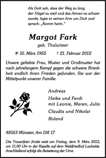 Anzeige von Margot Fark von Westfälische Nachrichten