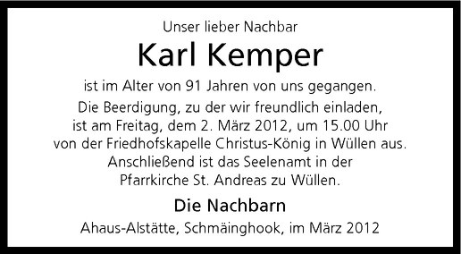  Traueranzeige für Karl Kemper vom 01.03.2012 aus Westfälische Nachrichten