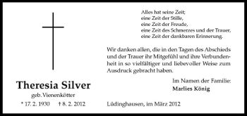 Anzeige von Theresia Silver von Westfälische Nachrichten