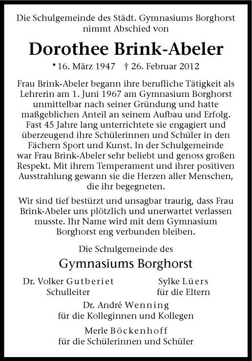  Traueranzeige für Dorothee Brink-Abeler vom 01.03.2012 aus Westfälische Nachrichten