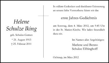 Anzeige von Helene Schulze Iking von Westfälische Nachrichten