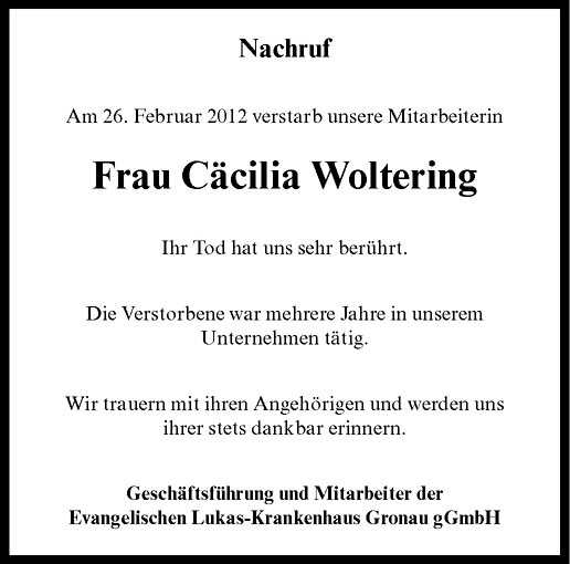  Traueranzeige für Cäcilia Woltering vom 03.03.2012 aus Westfälische Nachrichten