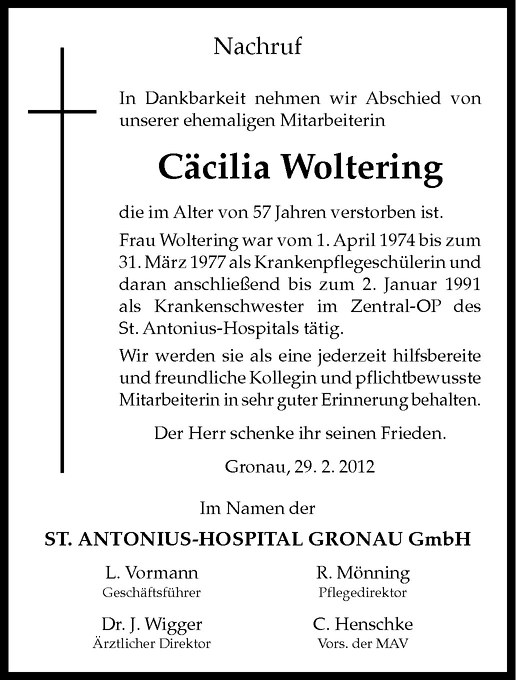  Traueranzeige für Cäcilia Woltering vom 01.03.2012 aus Westfälische Nachrichten