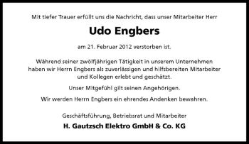 Anzeige von Udo Engbers von Westfälische Nachrichten