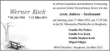 Anzeige von Werner Kock von Westfälische Nachrichten