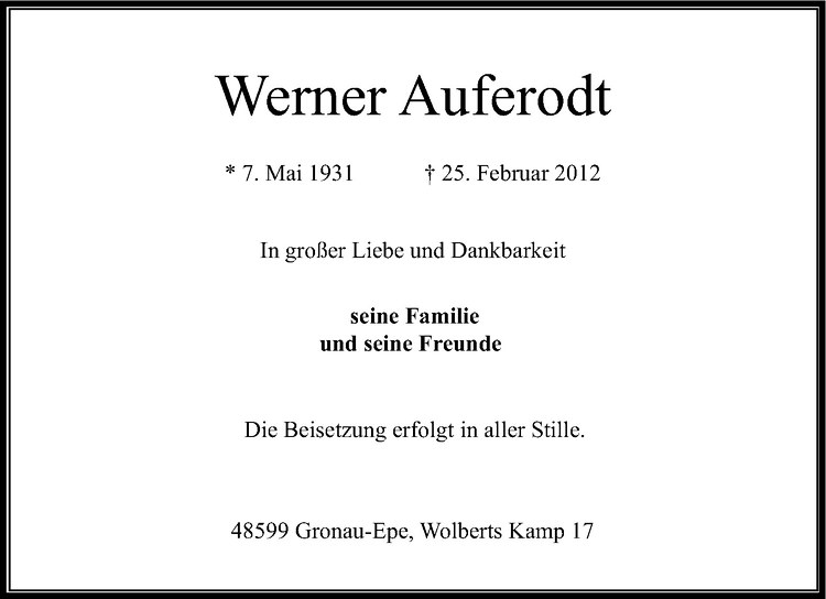  Traueranzeige für Werner Auferodt vom 03.03.2012 aus Westfälische Nachrichten