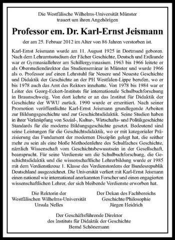 Anzeige von Karl-Ernst Jeismann von Westfälische Nachrichten
