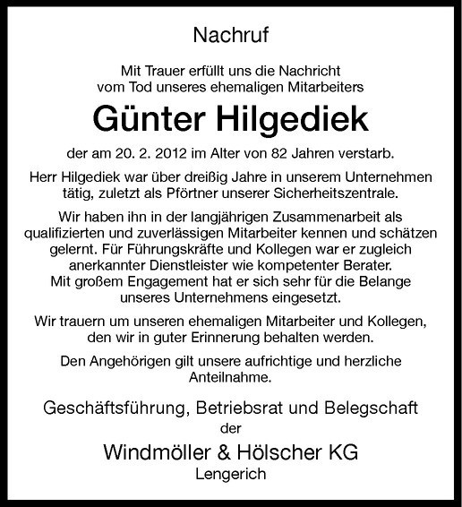  Traueranzeige für Günter Hilgediek vom 03.03.2012 aus Westfälische Nachrichten