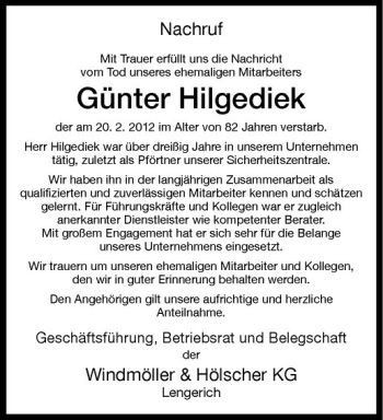 Anzeige von Günter Hilgediek von Westfälische Nachrichten