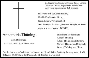 Anzeige von Annemarie Thüning von Westfälische Nachrichten