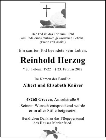Anzeige von Reinhold Herzog von Westfälische Nachrichten