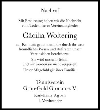 Anzeige von Cäcilia Woltering von Westfälische Nachrichten