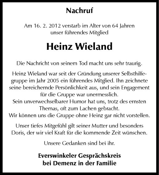  Traueranzeige für Heinz Wieland vom 03.03.2012 aus Westfälische Nachrichten