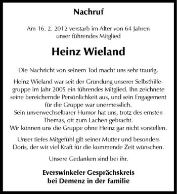 Anzeige von Heinz Wieland von Westfälische Nachrichten