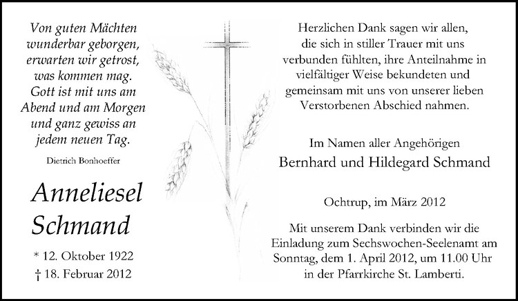  Traueranzeige für Anneliesel Schmand vom 29.03.2012 aus Westfälische Nachrichten