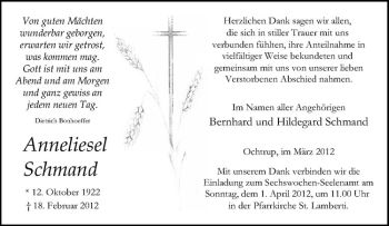 Anzeige von Anneliesel Schmand von Westfälische Nachrichten