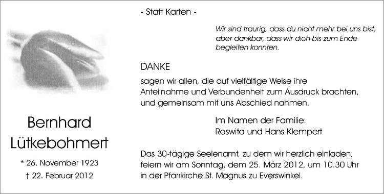  Traueranzeige für Bernhard Lütkebohmert vom 17.03.2012 aus Westfälische Nachrichten