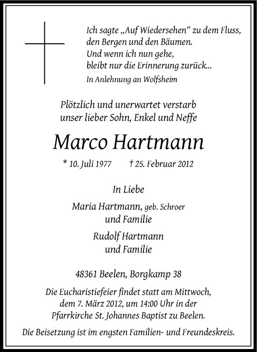  Traueranzeige für Marco Hartmann vom 03.03.2012 aus Westfälische Nachrichten