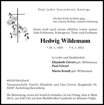 Anzeige von Hedwig Wildemann von Westfälische Nachrichten