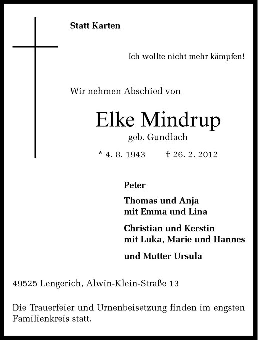  Traueranzeige für Elke Mindrup vom 01.01.2012 aus Westfälische Nachrichten