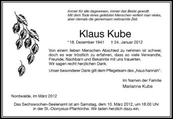 Anzeige von Klaus Kube von Westfälische Nachrichten