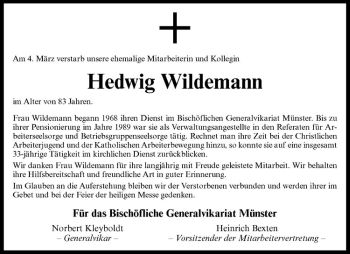 Anzeige von Hedwig Wildemann von Westfälische Nachrichten