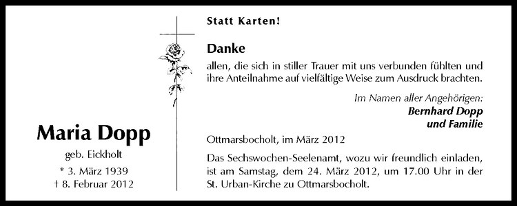  Traueranzeige für Maria Dopp vom 17.03.2012 aus Westfälische Nachrichten