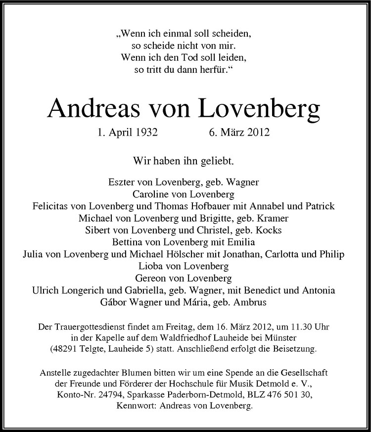  Traueranzeige für Andreas von Lovenberg vom 10.03.2012 aus Westfälische Nachrichten