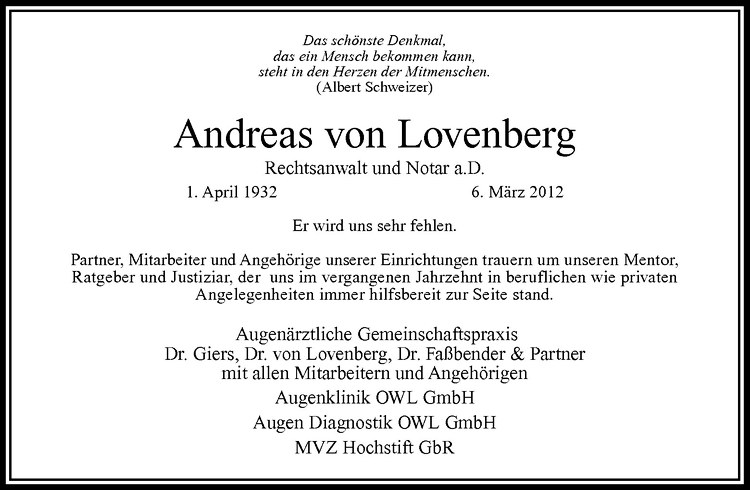  Traueranzeige für Andreas von Lovenberg vom 10.03.2012 aus Westfälische Nachrichten