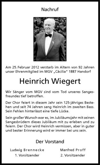 Anzeige von Heinrich Wiegert von Westfälische Nachrichten