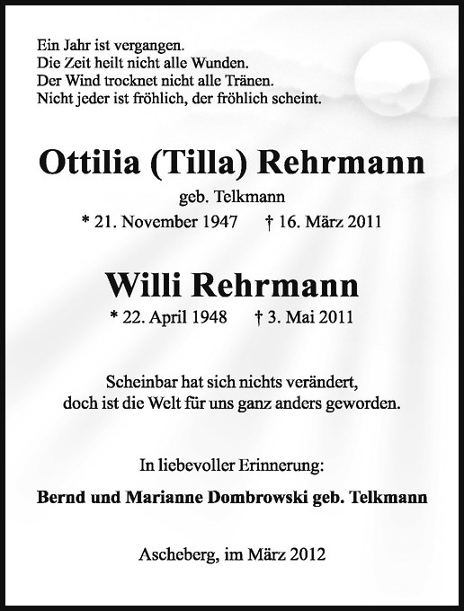  Traueranzeige für Willi Rehrmann vom 16.03.2012 aus Westfälische Nachrichten