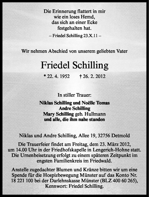  Traueranzeige für Friedel Schilling vom 17.03.2012 aus Westfälische Nachrichten