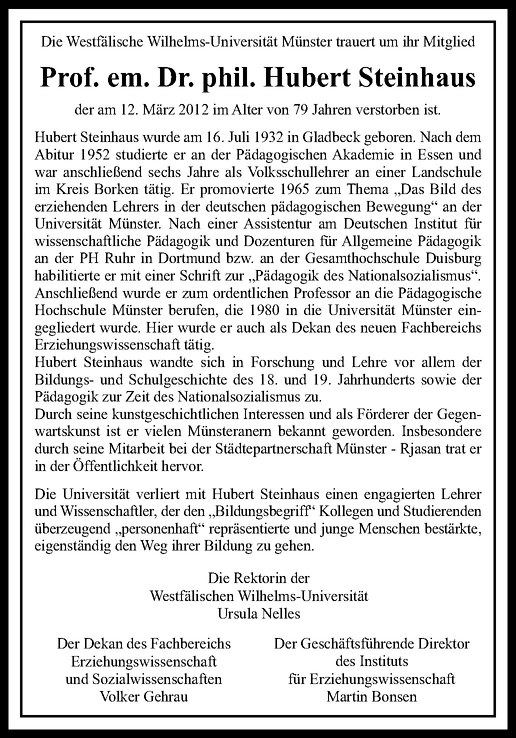  Traueranzeige für Hubert Steinhaus vom 17.03.2012 aus Westfälische Nachrichten