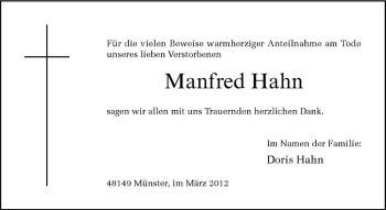 Anzeige von Manfred Hahn von Westfälische Nachrichten