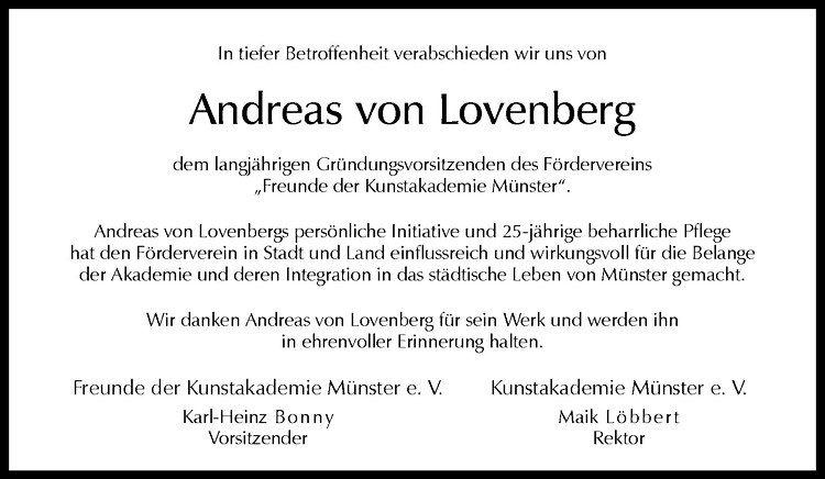  Traueranzeige für Andreas von Lovenberg vom 17.03.2012 aus Westfälische Nachrichten