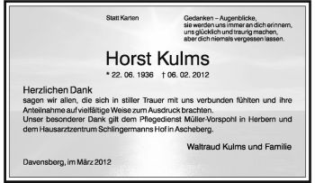 Anzeige von Horst Kulms von Westfälische Nachrichten