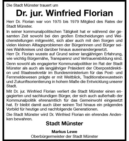  Traueranzeige für Winfried Florian vom 17.03.2012 aus Westfälische Nachrichten