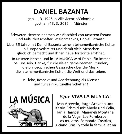  Traueranzeige für Daniel Bazanta vom 17.03.2012 aus Westfälische Nachrichten