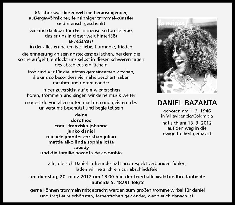 Traueranzeige für Daniel Bazanta vom 17.03.2012 aus Westfälische Nachrichten
